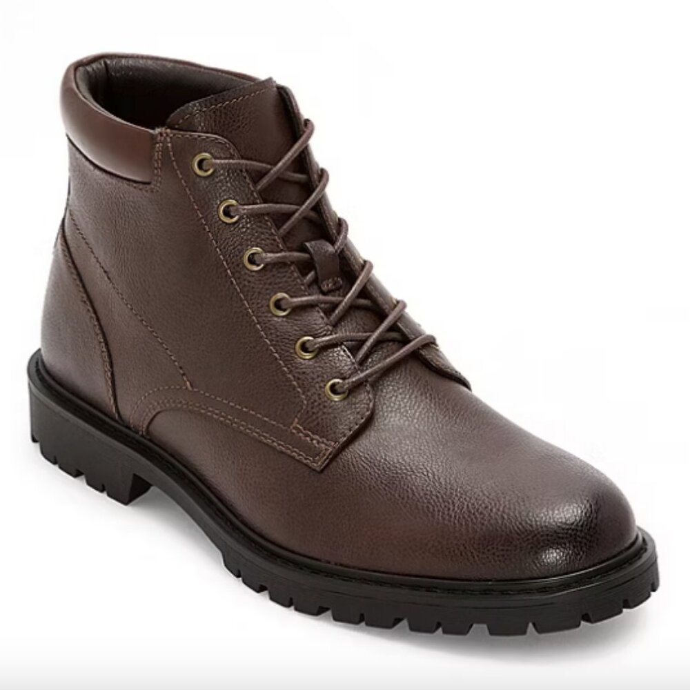 mutual weave Mens Freeport Flat Heel Lace Up Boots, Brown Sz 10M